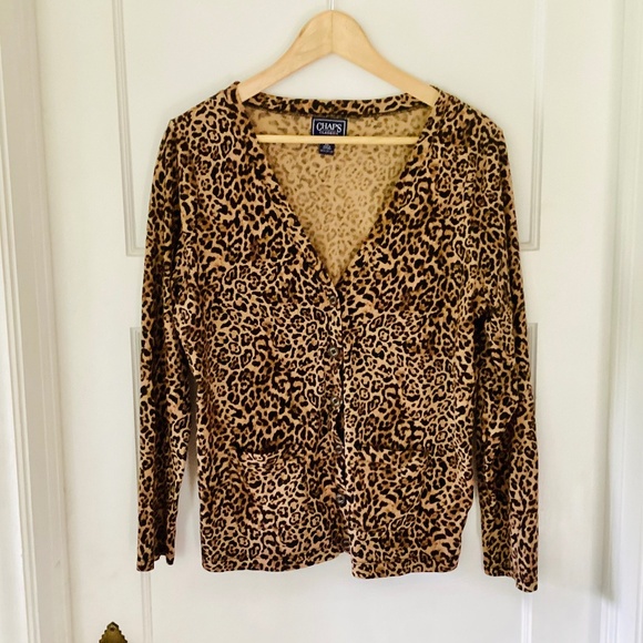 CHAPS Leopard Print 100% Cotton CARDIGAN Long Sleeve Button Front XL lightweight - Picture 1 of 14